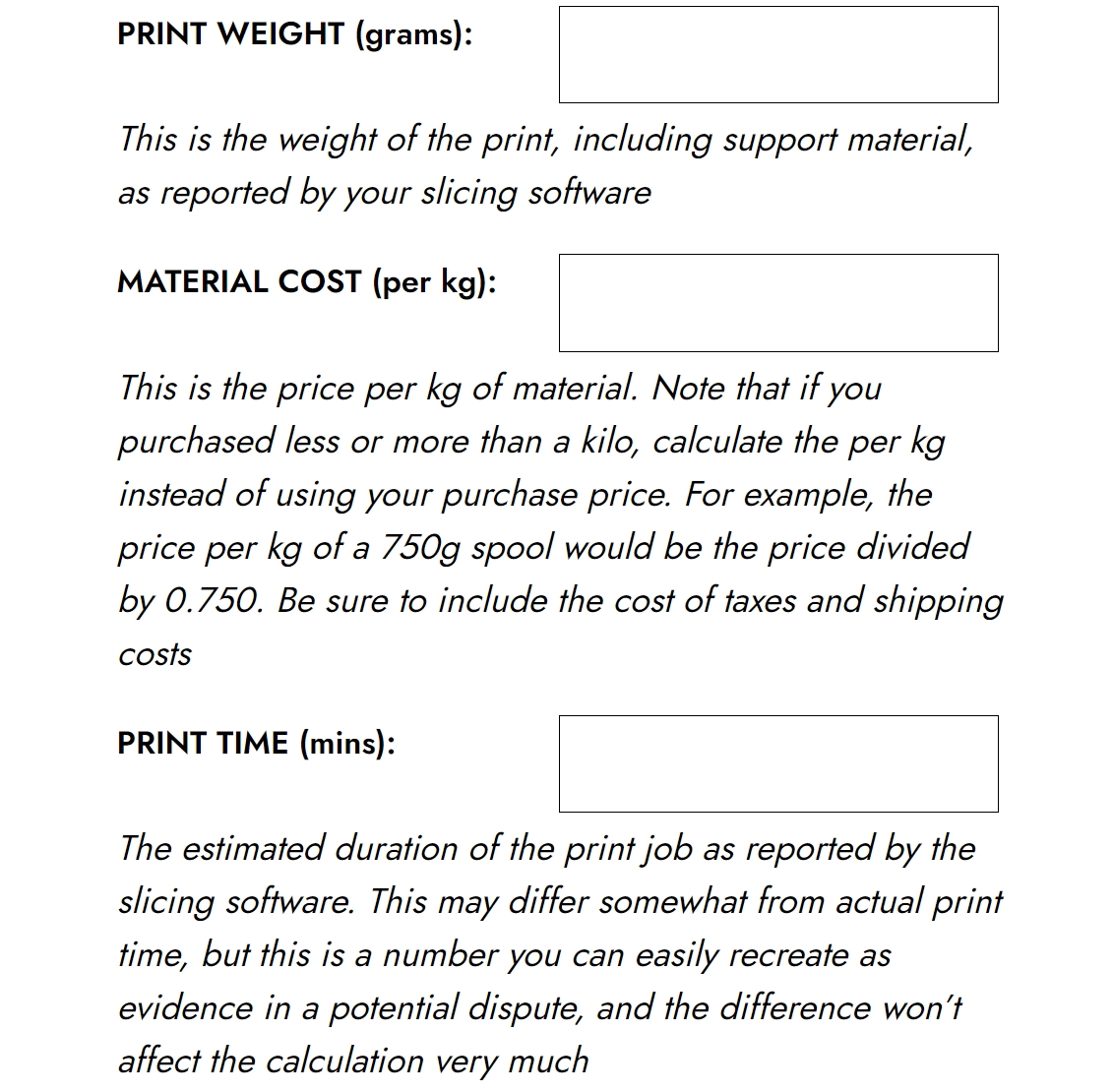 Fabbaloo 3D Print Job Cost Calculator