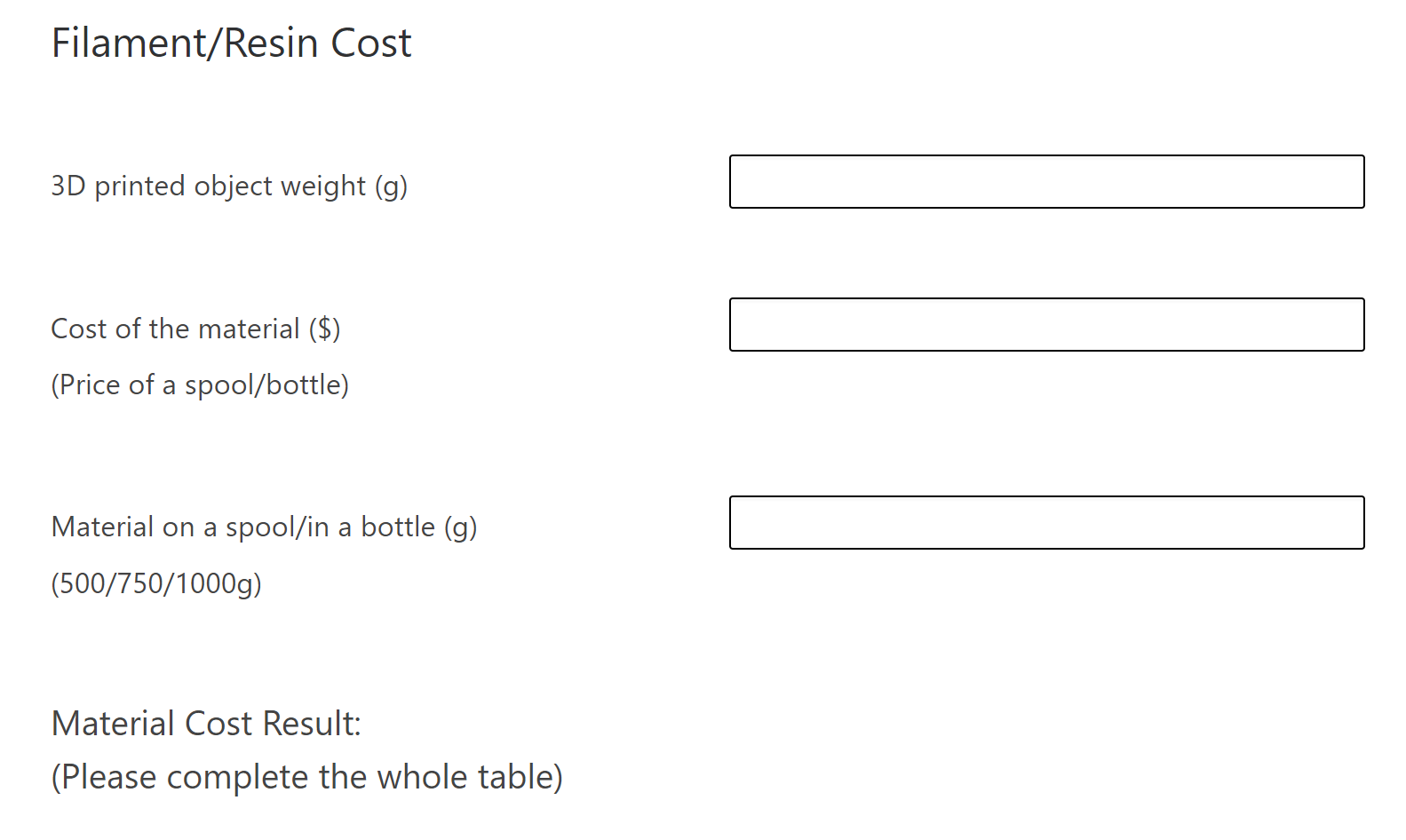 3DWithUs 3D Printing Cost Calculator